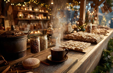 Fototapeta premium A cozy Christmas market stall offering steaming hot coffee, festive sweets, and holiday decorations