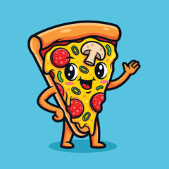 Happy cartoon pizza slice character waving hello with pepperoni and mushrooms vector illustration