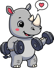 Adorable cartoon rhinoceros character lifting weights with a heart symbol above its head vector illustration