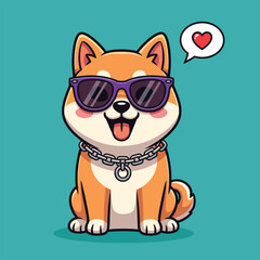 Cool cartoon shiba inu dog wearing sunglasses and a chain with a heart bubble vector illustration