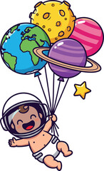 Adorable baby astronaut floats through space holding planets as balloons with a star nearby vector illustration