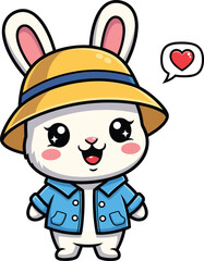 Adorable kawaii bunny character wearing a yellow hat and blue jacket expressing love vector illustration