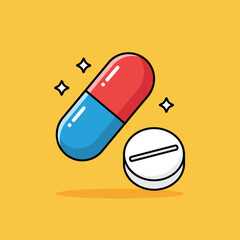 Illustration of a red and blue capsule alongside a white round pill with a line on a yellow background vector illustration