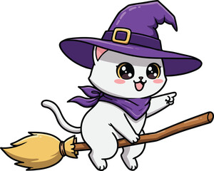 Adorable white kitten dressed as a witch riding a broomstick for halloween fun vector illustration