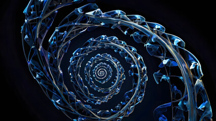 Abstract swirling blue fractal pattern with intricate details and dark background