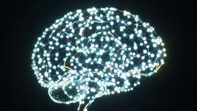Animation of a rotating digital brain with a glowing neural network. Seamless loop.