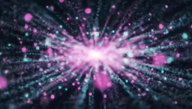 Abstract animation of a pink and cyan particle explosion. Seamless looping motion background.