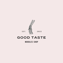Elegant good taste noodles shop logo with chopsticks design for branding materials, restaurant menus, and food packaging in a modern minimalist style