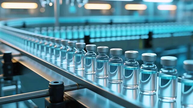 Glass Vials on Conveyor Belt in Pharmaceutical Production Line