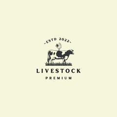 Classic livestock farm emblem with cow and rooster, established in 2022, perfect for branding fresh dairy products or a rustic agricultural business