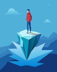 A person stands on a floating shard of ice the tip being just the beginning of a much deeper and complex emotional state.. Vector illustration
