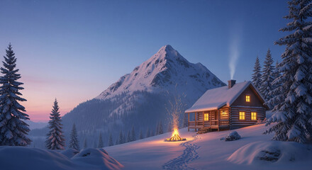 rumah di tepi pegunungan yang ber salju 