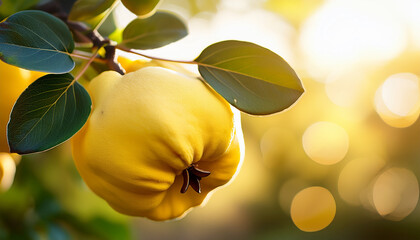 quince fruit on a branch with bokehs