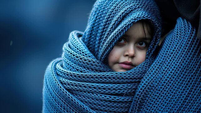 Quiet child blue shawl and knitted hood scarf, winter cozy wrap with soft texture, gentle gaze, calm profile side view, warm knit fabric comfort