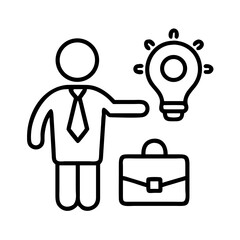 Illustration of a businessman standing next to a lightbulb and briefcase, symbolizing ideas, innovation, and business solutions