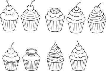 Cupcake illustration set, black and white vector, dessert icons, frosting styles, bakery design, scalable artwork, CAD drawing, sweet treats