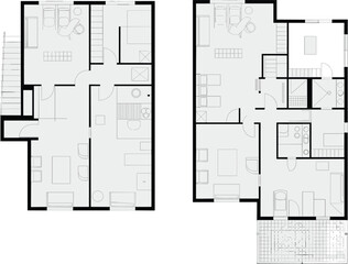 Two-story residential house plan, architectural layout, furniture arrangement, vector blueprint, CAD drawing, scalable flat artwork, interior design, home illustration