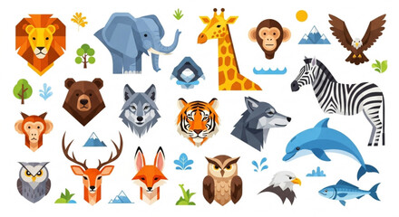 Geometric animal collection featuring lion elephant giraffe and various wildlife