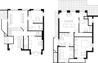 Two-story residential house plan, architectural layout, furniture arrangement, vector blueprint, scalable CAD drawing, interior design, home illustration, flat artwork
