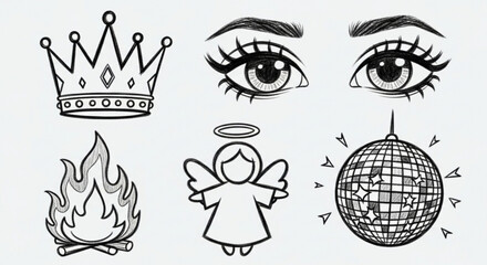 Line art drawing featuring a crown eyes fire angel and disco ball elements