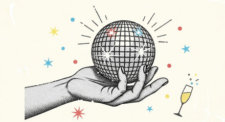 Hand holding disco ball with champagne glass and stars for party celebration art