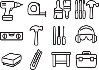 Fototapeta premium DIY Renovation Tool Icon Set include, Power Drill, Measuring Tape, Paint Brushes, Circular Saw, Level, Hammer, Screwdriver Set, Safety Equipment, Sanding Tools, Utility Knife, Workbench