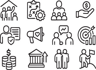 Nonprofit Social Work Initiatives Icon Set include, Community Outreach, Program Development, Volunteer Management, Grant Funding, Case Management, Advocacy Campaign, Stakeholder Engagement