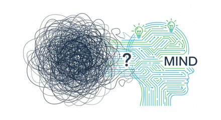 Conceptual illustration of mind with tangled thoughts and organized solutions