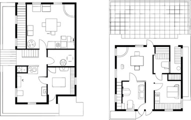 Two-level residential house plan, architectural layout, furniture placement, vector blueprint, CAD drawing, interior design, scalable flat artwork, home illustration