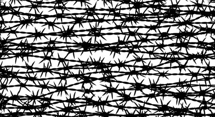 Black barbed wire fence silhouette against white background creates stark contrast
