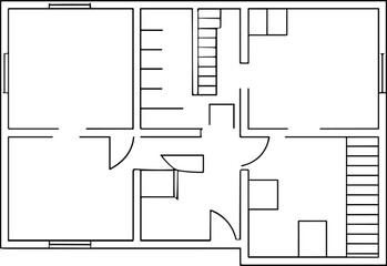 Residential building floor plan, architectural layout, minimalist blueprint, vector house design, technical drawing, CAD illustration, staircase, room dimensions, corridor, scalable flat artwork