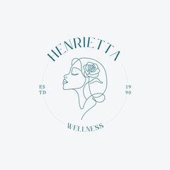 Sophisticated beauty logo template featuring a woman's profile and rose, perfect for wellness brands seeking an elegant and minimalist aesthetic
