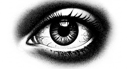 Closeup halftone illustration of a human eye with visible blood vessels detail