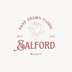 Elegant hand drawn floral logo for botanical brand, Salford, established 2020, perfect for beauty, spa, or wedding related designs in a vintage style