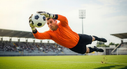 Goalkeeper Diving to Catch Soccer Ball During Match Action