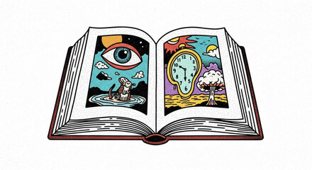 Open book displaying surreal illustrations of time vision and nuclear events