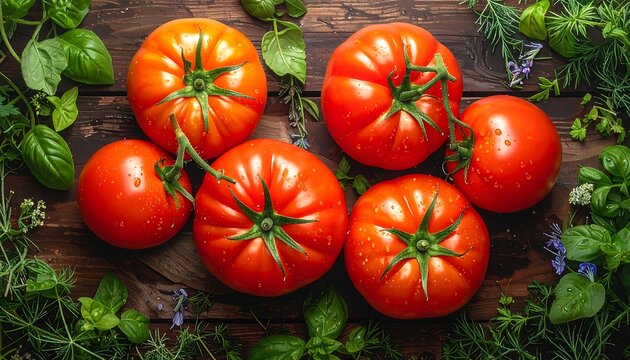 Fresh red tomatoes with green stems and assorted green herbs