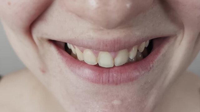 Extreme close-up of a woman's face, focusing on the mouth as it slowly forms a smirk. Details include imperfect skin with acne, natural lip texture, and a subtle, knowing expression.