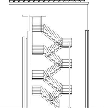 Multi-story staircase section, architectural drawing, structural layout, CAD sketch, vector blueprint, building elevation, scalable artwork, stairwell design, trusses