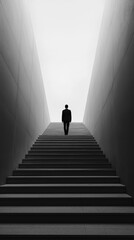 Minimalist Black and White image of a Lone Man Ascends a Long Staircase Toward Bright Light, Symbolizing Perseverance, Hope, and the Path to Success. Copy space, aspect ratio 9:16 