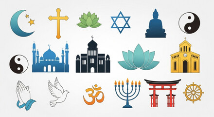Diverse religious symbols representing world religions and spiritual traditions