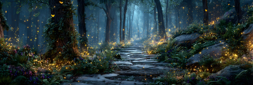 A path that leads to a separate world in the depths of the forest. Wonderful environment for fairy tale illustrations and even wallpaper.Magic fairytale forest with fireflies lights.AI generated illus