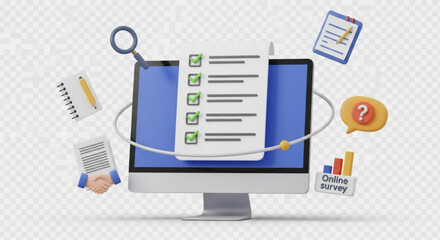 Online survey checklist on computer screen with magnifying glass and documents
