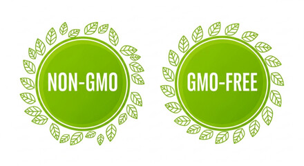 Green nongmo and gmofree labels with leaves for healthy food product marketing