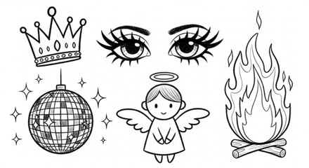 Whimsical illustration featuring a crown disco ball eyes angel and campfire
