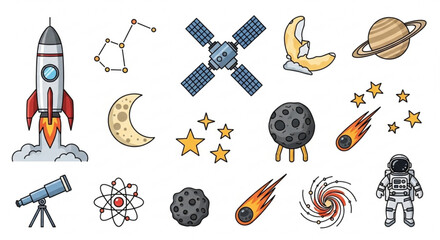 Space exploration elements including rocket astronaut planets and celestial bodies