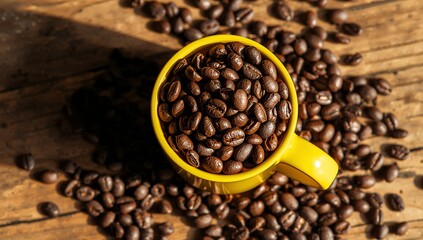 Overflowing yellow coffee mug filled with rich roasted coffee beans on wooden surface