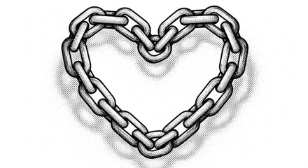 Heart shape formed by a chain with halftone background in black and white style