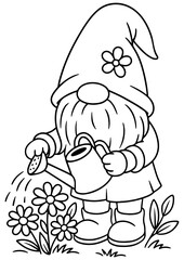 Gnome watering flowers with can. Minimal black and white vector for engraving, print, and design projects.