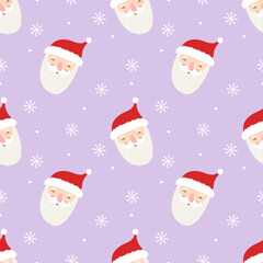 Playful seamless Christmas pattern featuring Santa Claus faces, red hats, snowflakes and white dots on soft lilac background.